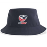 Introducing the USA Rugby Crest Sustainable Bucket Hat by EMB S&S Activewear—a navy blue bucket hat made from recycled polyester for eco-friendly style and comfort. The front showcases the official USA Rugby logo, featuring a stylized eagle head with red text, prominently centered.
