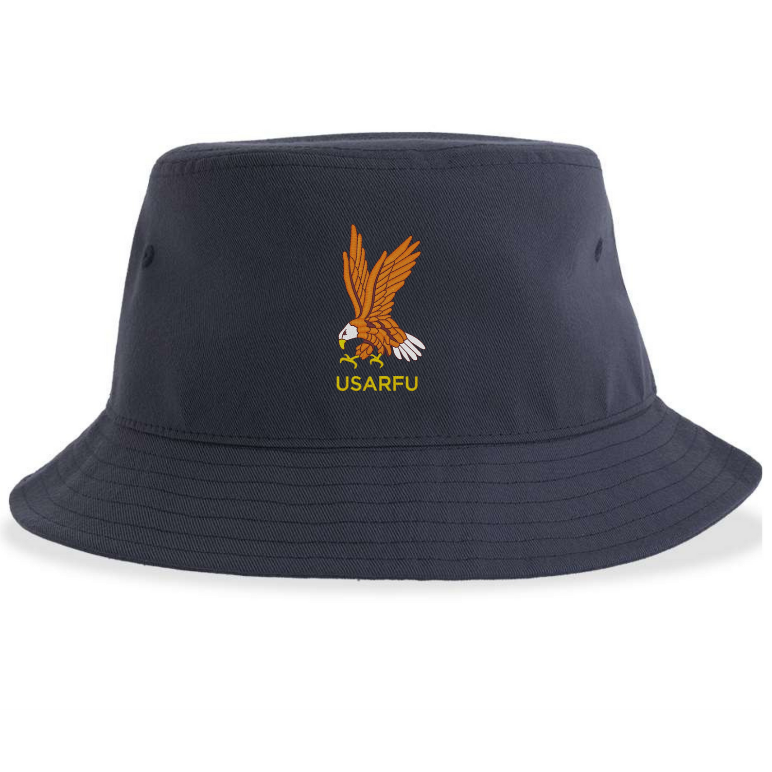 The EMB S&S Activewear USA Rugby Heritage Sustainable Bucket Hat in navy blue showcases an embroidered eagle holding a rugby ball above yellow "USARFU" text on the front, featuring the classic heritage logo for a timeless look.