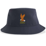 The EMB S&S Activewear USA Rugby Heritage Sustainable Bucket Hat in navy blue showcases an embroidered eagle holding a rugby ball above yellow "USARFU" text on the front, featuring the classic heritage logo for a timeless look.