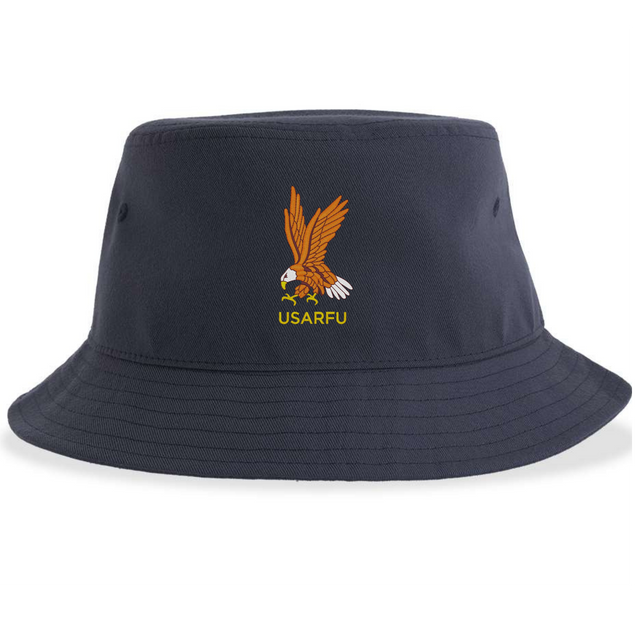 The EMB S&S Activewear USA Rugby Heritage Sustainable Bucket Hat in navy blue showcases an embroidered eagle holding a rugby ball above yellow "USARFU" text on the front, featuring the classic heritage logo for a timeless look.