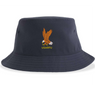 The EMB S&S Activewear USA Rugby Heritage Sustainable Bucket Hat in navy blue showcases an embroidered eagle holding a rugby ball above yellow "USARFU" text on the front, featuring the classic heritage logo for a timeless look.