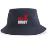 The USA Rugby Throwback Sustainable Bucket Hat by EMB S&S Activewear features a classic navy blue design with "USA RUGBY" and a bold red eagle logo on the front. Combining iconic heritage with modern flair, this hat is perfect for fans seeking a retro rugby style.