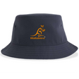 The Wallabies Sustainable Bucket Hat by EMB S&S Activewear is a navy bucket hat featuring an orange embroidered Wallabies kangaroo logo and text on the front.