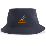 The Wallabies Sustainable Bucket Hat by EMB S&S Activewear is a navy bucket hat featuring an orange embroidered Wallabies kangaroo logo and text on the front.