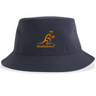 The Wallabies Sustainable Bucket Hat by EMB S&S Activewear is a navy bucket hat featuring an orange embroidered Wallabies kangaroo logo and text on the front.