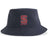 The St. Ignatius Rugby Sustainable Bucket Hat by EMB S&S Activewear showcases a red and white "S" logo above the word "RUGBY" on the front and is crafted from recycled polyester, offering a stylish and eco-friendly bucket hat option.