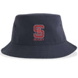The St. Ignatius Rugby Sustainable Bucket Hat by EMB S&S Activewear showcases a red and white "S" logo above the word "RUGBY" on the front and is crafted from recycled polyester, offering a stylish and eco-friendly bucket hat option.