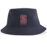 The St. Ignatius Rugby Sustainable Bucket Hat by EMB S&S Activewear showcases a red and white "S" logo above the word "RUGBY" on the front and is crafted from recycled polyester, offering a stylish and eco-friendly bucket hat option.