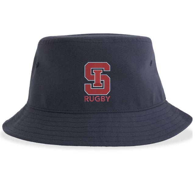 The St. Ignatius Rugby Sustainable Bucket Hat by EMB S&S Activewear showcases a red and white "S" logo above the word "RUGBY" on the front and is crafted from recycled polyester, offering a stylish and eco-friendly bucket hat option.