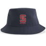 The St. Ignatius Rugby Sustainable Bucket Hat by EMB S&S Activewear showcases a red and white "S" logo above the word "RUGBY" on the front and is crafted from recycled polyester, offering a stylish and eco-friendly bucket hat option.
