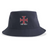 The SF CDME Rugby Sustainable Bucket Hat by EMB S&S Activewear is an unstructured navy blue bucket hat, featuring a red cross with a small blue center and "CDME RUGBY" embroidered below the emblem.