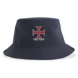 The SF CDME Rugby Sustainable Bucket Hat by EMB S&S Activewear is an unstructured navy blue bucket hat, featuring a red cross with a small blue center and "CDME RUGBY" embroidered below the emblem.
