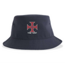 The SF CDME Rugby Sustainable Bucket Hat by EMB S&S Activewear is an unstructured navy blue bucket hat, featuring a red cross with a small blue center and "CDME RUGBY" embroidered below the emblem.