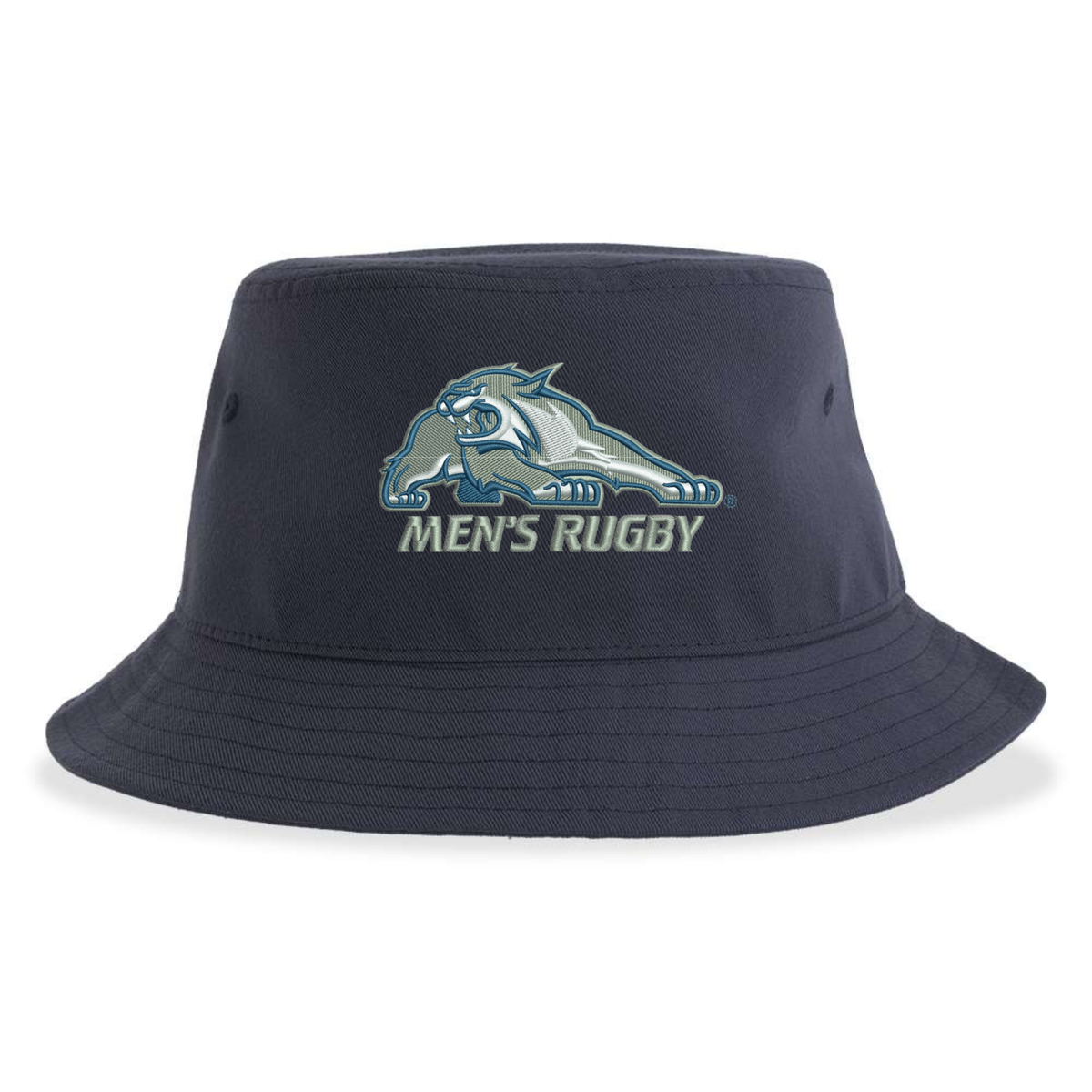Dark blue University of New Hampshire Sustainable Bucket Hat featuring an embroidered wildcat logo and the text “MEN’S RUGBY” on the front.