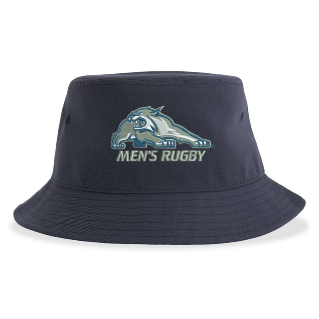 Dark blue University of New Hampshire Sustainable Bucket Hat featuring an embroidered wildcat logo and the text “MEN’S RUGBY” on the front.
