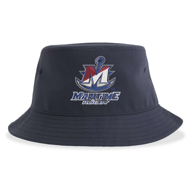 Navy recycled polyester SUNY Maritime Men’s Rugby Sustainable Bucket Hat featuring a logo with a large letter M and an anchor, with the text “MARITIME RUGBY” below.