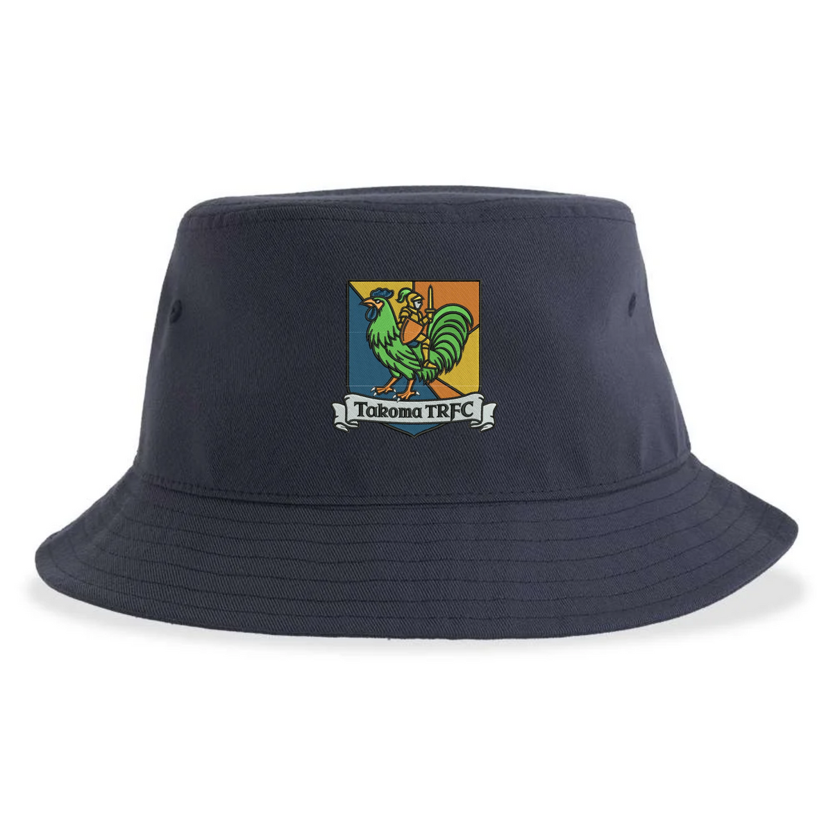 Takoma Touch Rugby Sustainable Bucket Hat in dark blue, featuring a logo of a green rooster in a knight’s helmet above a banner reading “Takoma TRFC.”