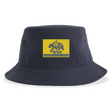 Dark navy blue Berkeley RFC Sustainable Bucket Hat featuring a rectangular yellow patch with a blue grizzly bear logo and the text “BERKELEY RFC est. 2004.”