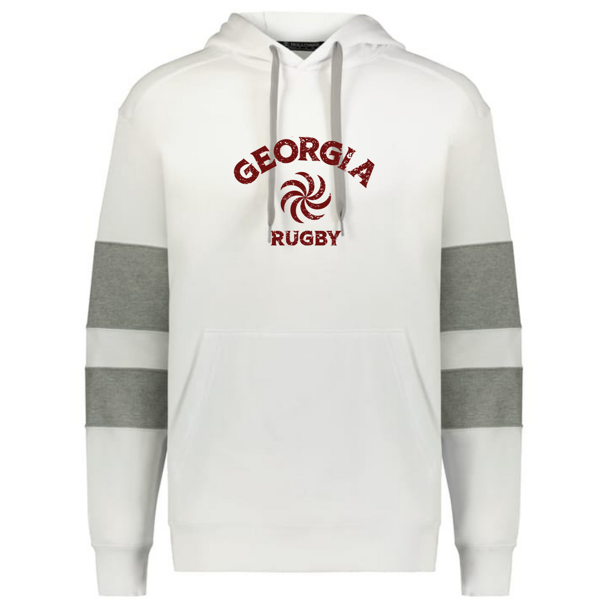 The WRS Augusta Nations of Rugby Georgia Jackson Way Hoodie is white with gray sleeve stripes, a front pocket, and features a maroon "GEORGIA RUGBY" logo with a swirl design on the chest.