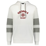 The WRS Augusta Nations of Rugby Georgia Jackson Way Hoodie is white with gray sleeve stripes, a front pocket, and features a maroon "GEORGIA RUGBY" logo with a swirl design on the chest.