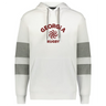 The WRS Augusta Nations of Rugby Georgia Jackson Way Hoodie is white with gray sleeve stripes, a front pocket, and features a maroon "GEORGIA RUGBY" logo with a swirl design on the chest.