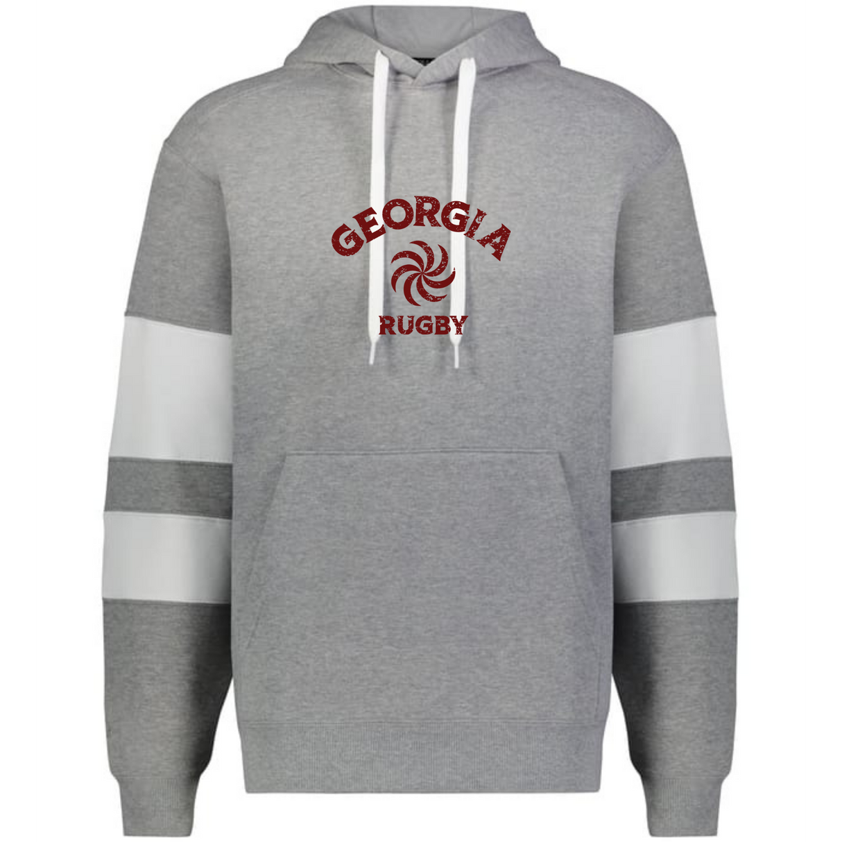 Show your Georgia pride with the Nations of Rugby Georgia Jackson Way Hoodie by WRS Augusta. This gray rugby hoodie features white drawstrings, two white sleeve stripes, "GEORGIA RUGBY," and a red swirl emblem on the chest.