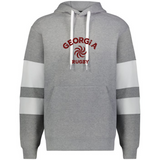 Show your Georgia pride with the Nations of Rugby Georgia Jackson Way Hoodie by WRS Augusta. This gray rugby hoodie features white drawstrings, two white sleeve stripes, "GEORGIA RUGBY," and a red swirl emblem on the chest.