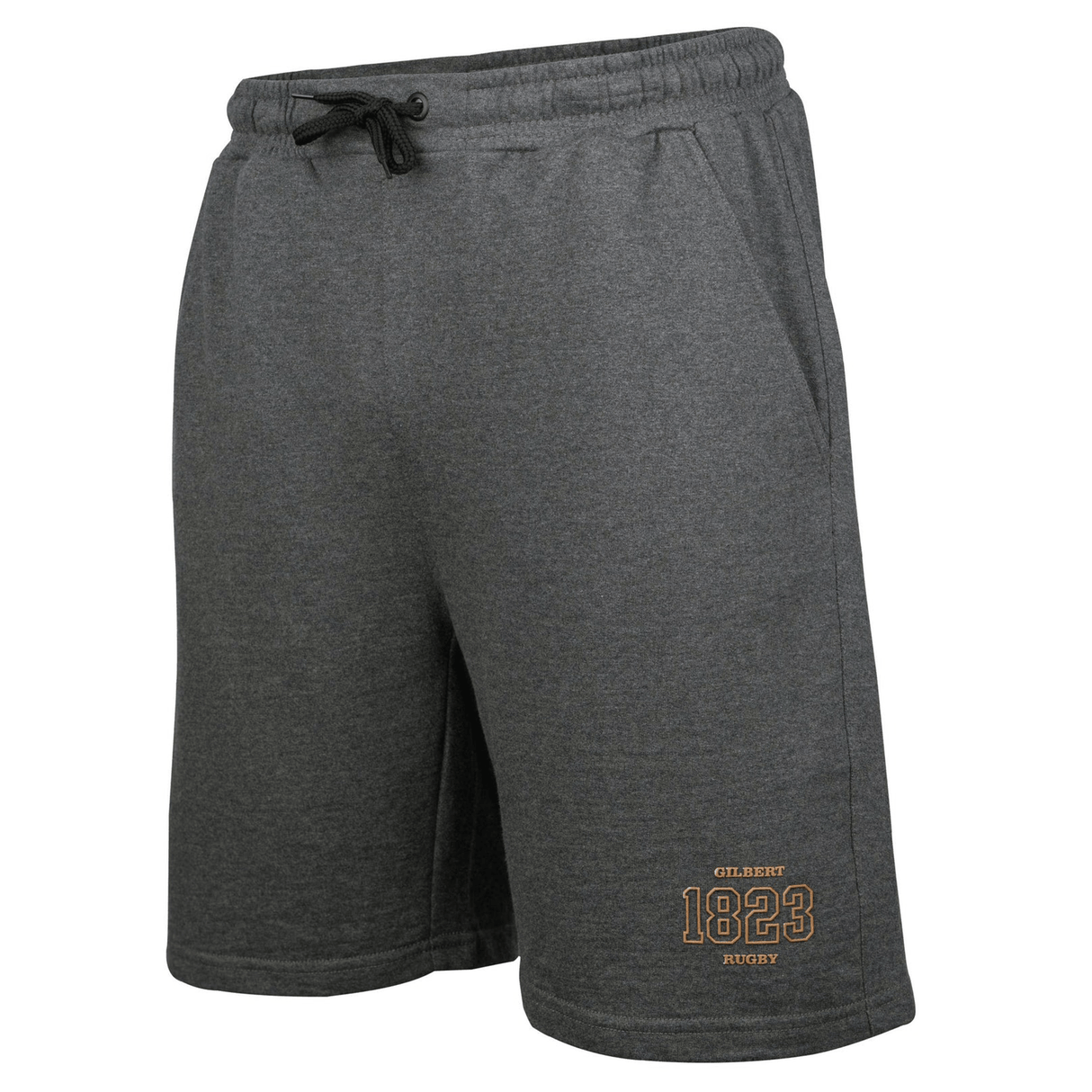 Dark gray Gilbert Rugby 200 Year Anniversary Leisure Short by Gilbert with a drawstring waistband, part of the bicentennial collection, featuring "GILBERT 1823 RUGBY" embroidered in gold on the left leg.