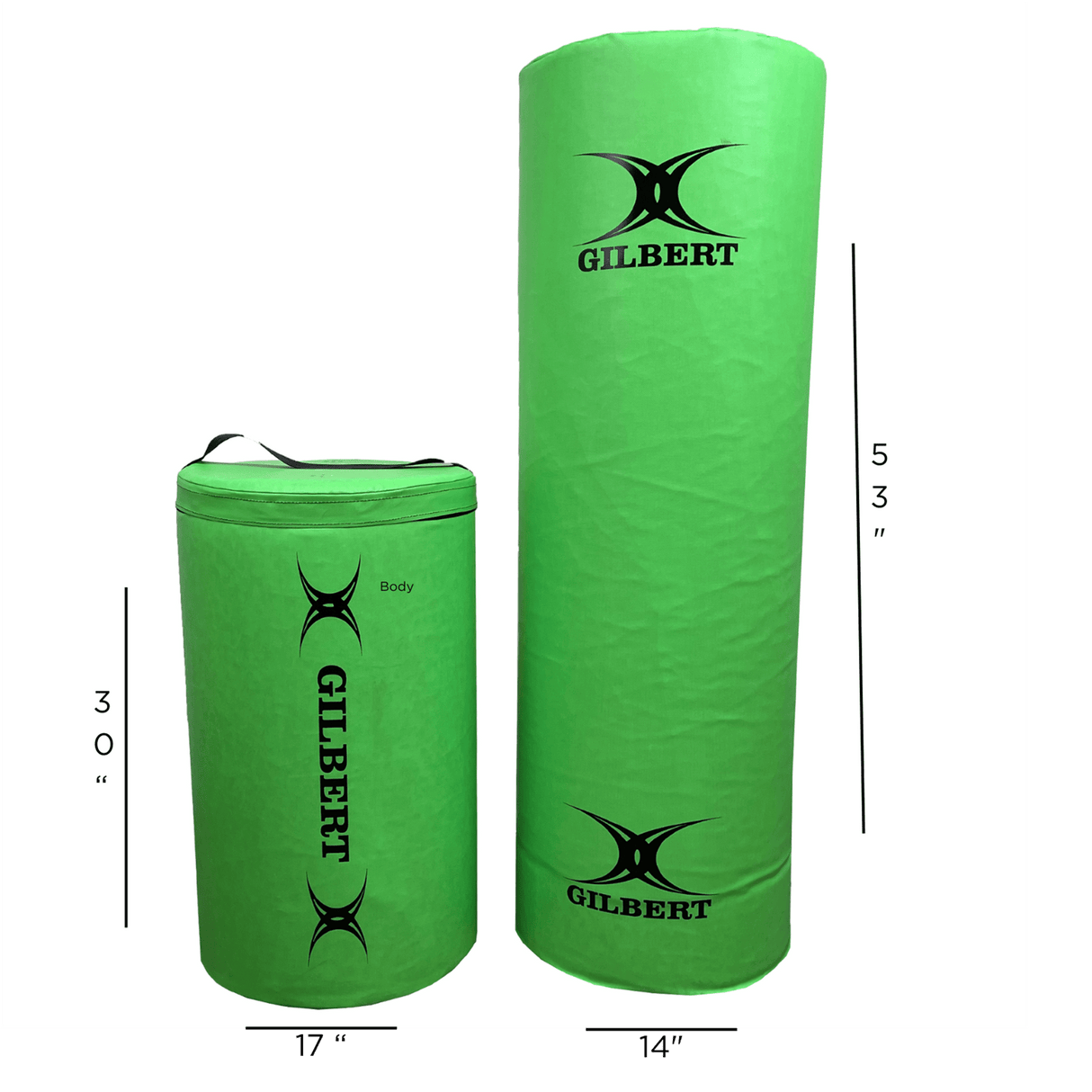 Two green Gilbert Junior Rugby Green Point 5 Tackle Bags by Hadar, one 30 inches tall and the other 53 inches tall, both with black handles and logos, are shown against a plain white background. This essential training equipment is perfect for honing your skills in practice sessions.