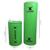 Two green Gilbert Junior Rugby Green Point 5 Tackle Bags by Hadar, one 30 inches tall and the other 53 inches tall, both with black handles and logos, are shown against a plain white background. This essential training equipment is perfect for honing your skills in practice sessions.