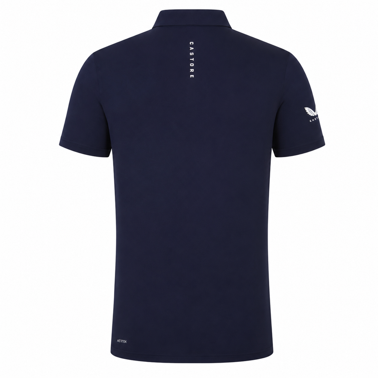 The Leinster 24/25 Club Essential Polo by Castore is a navy short-sleeve polo shown from the back, with a small white sleeve logo and vertical branding at the upper center. Lightweight and breathable for all-day comfort.