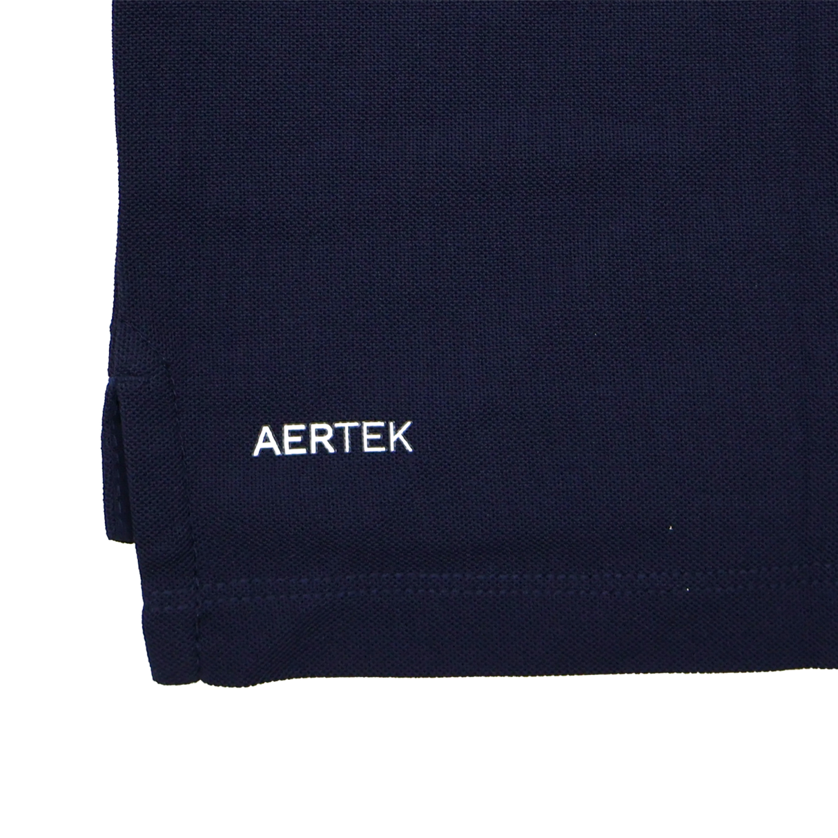 Close-up of the Leinster 24/25 Club Essential Polo by Castore, a navy blue lightweight, breathable polo with "AERTEK" embroidered in white on the lower edge.