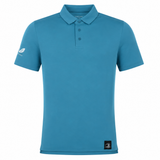 The Leinster 24/25 Club Essential Polo by Castore is a teal, lightweight, breathable polo with a collar, three buttons, an embroidered logo on the left sleeve, and a black patch near the hem.