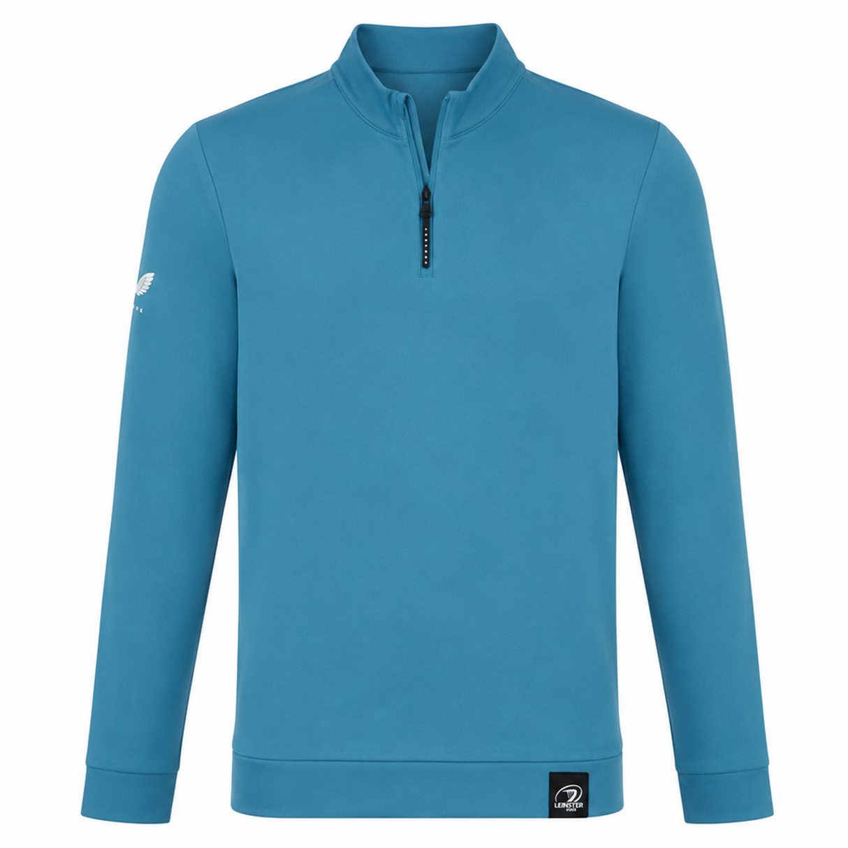 The Leinster 24/25 Club Classic 1/4 Zip by Castore is a teal athletic pullover with a short stand-up collar, black zipper, small white logo on the left sleeve, and a rectangular patch near the hem.