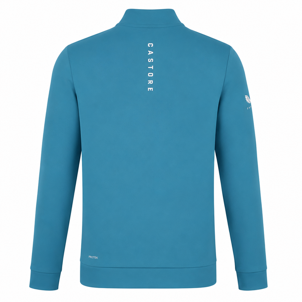 Leinster 24/25 Club Classic 1/4 Zip by Castore shown from the back, with "CASTORE" printed vertically on the upper center and a small logo on the right sleeve. Ideal as an athletic pullover for training or casual wear.