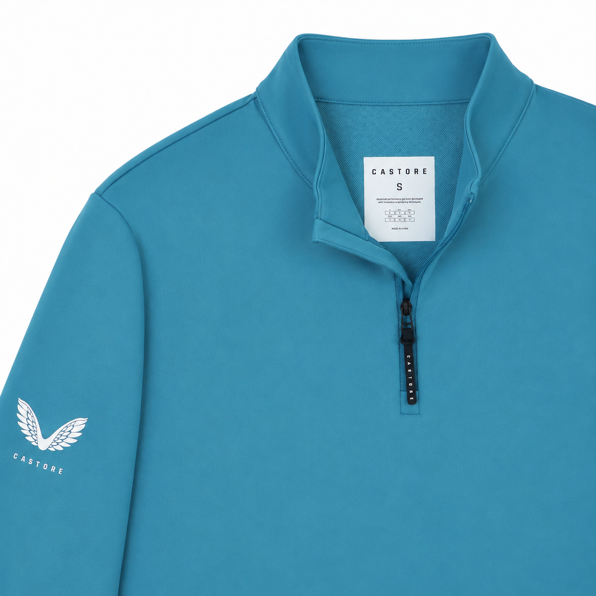 The Leinster 24/25 Club Classic 1/4 Zip by Castore is a blue athletic mid-layer with a white Castore logo on the left sleeve and a visible label inside the collar.