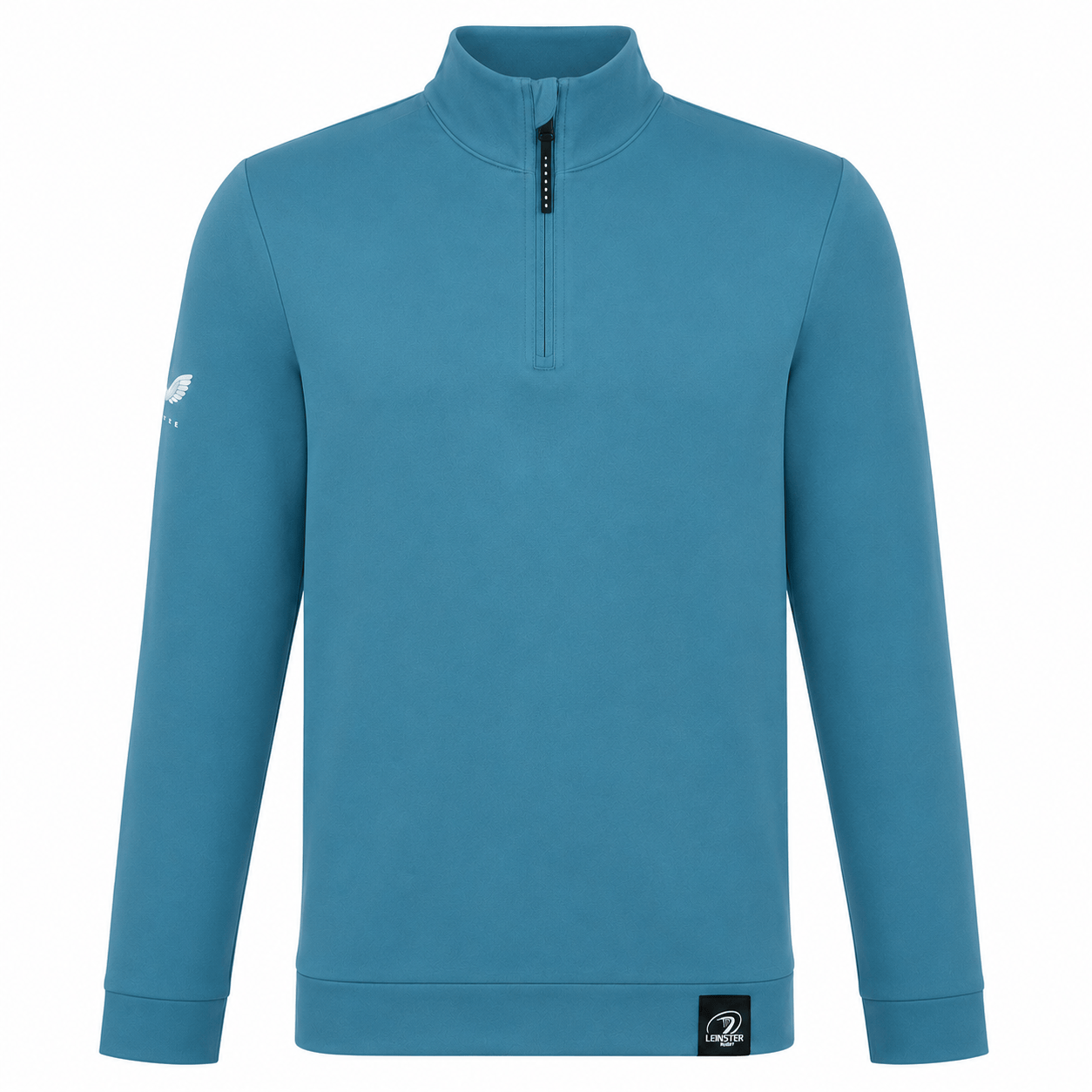 The Leinster 24/25 Club Classic 1/4 Zip by Castore is a teal, long-sleeve pullover featuring a high collar, quarter-zip, hem logo patch, and left sleeve emblem.
