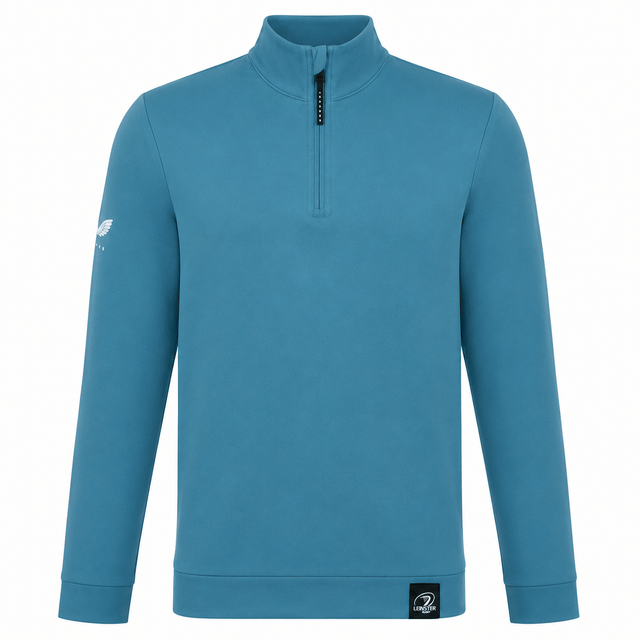 The Leinster 24/25 Club Classic 1/4 Zip by Castore is a teal, long-sleeve pullover featuring a high collar, quarter-zip, hem logo patch, and left sleeve emblem.