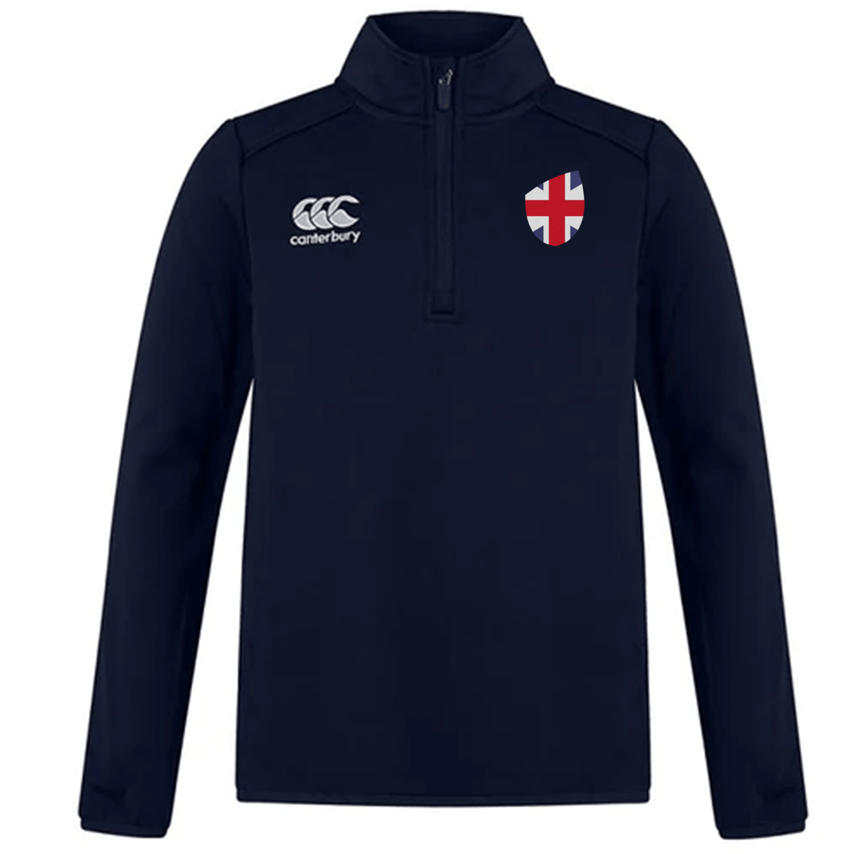 The EMB Canterbury Great Britain Club Shield 1/4 Zip Training Top in navy blue features a left chest logo and right crest, ideal for rugby season.