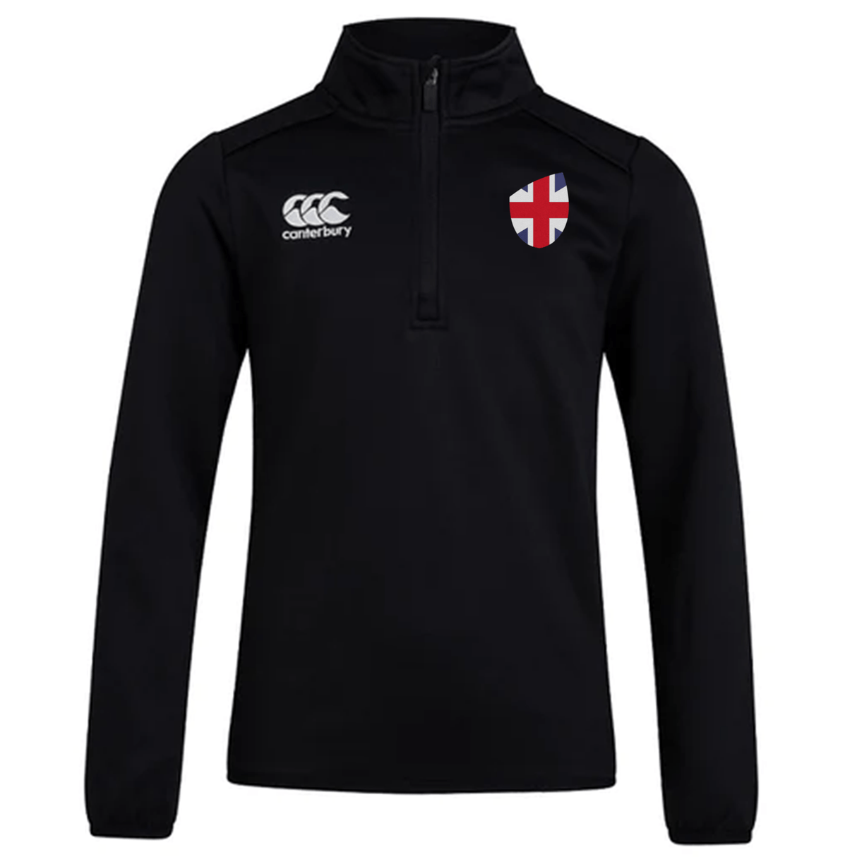 The black long-sleeve EMB Canterbury Great Britain Club Shield 1/4 Zip Training Top is perfect for rugby season, featuring the iconic "Canterbury" logo on the right chest and an England flag crest with a cross on the left, blending performance and patriotism seamlessly.