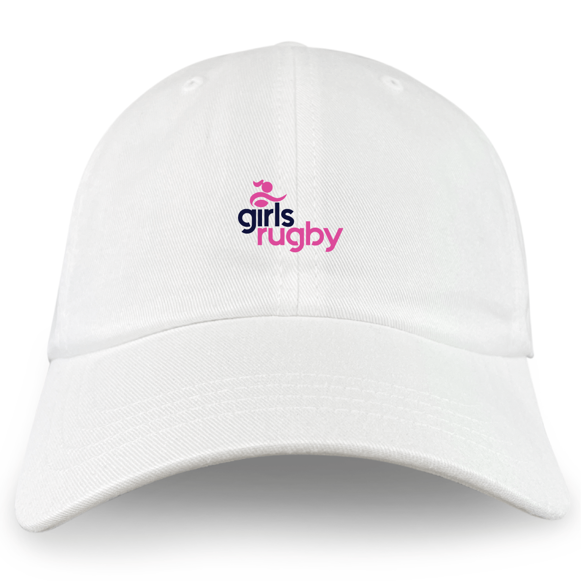 Support your team with the EMB S&S Activewear Girls Rugby Adult Low-Profile Cotton Twill Dad Cap, featuring "girls rugby" embroidered in blue and pink and a small pink rugby ball icon above the text.