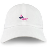 Support your team with the EMB S&S Activewear Girls Rugby Adult Low-Profile Cotton Twill Dad Cap, featuring "girls rugby" embroidered in blue and pink and a small pink rugby ball icon above the text.
