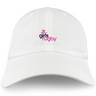Support your team with the EMB S&S Activewear Girls Rugby Adult Low-Profile Cotton Twill Dad Cap, featuring "girls rugby" embroidered in blue and pink and a small pink rugby ball icon above the text.