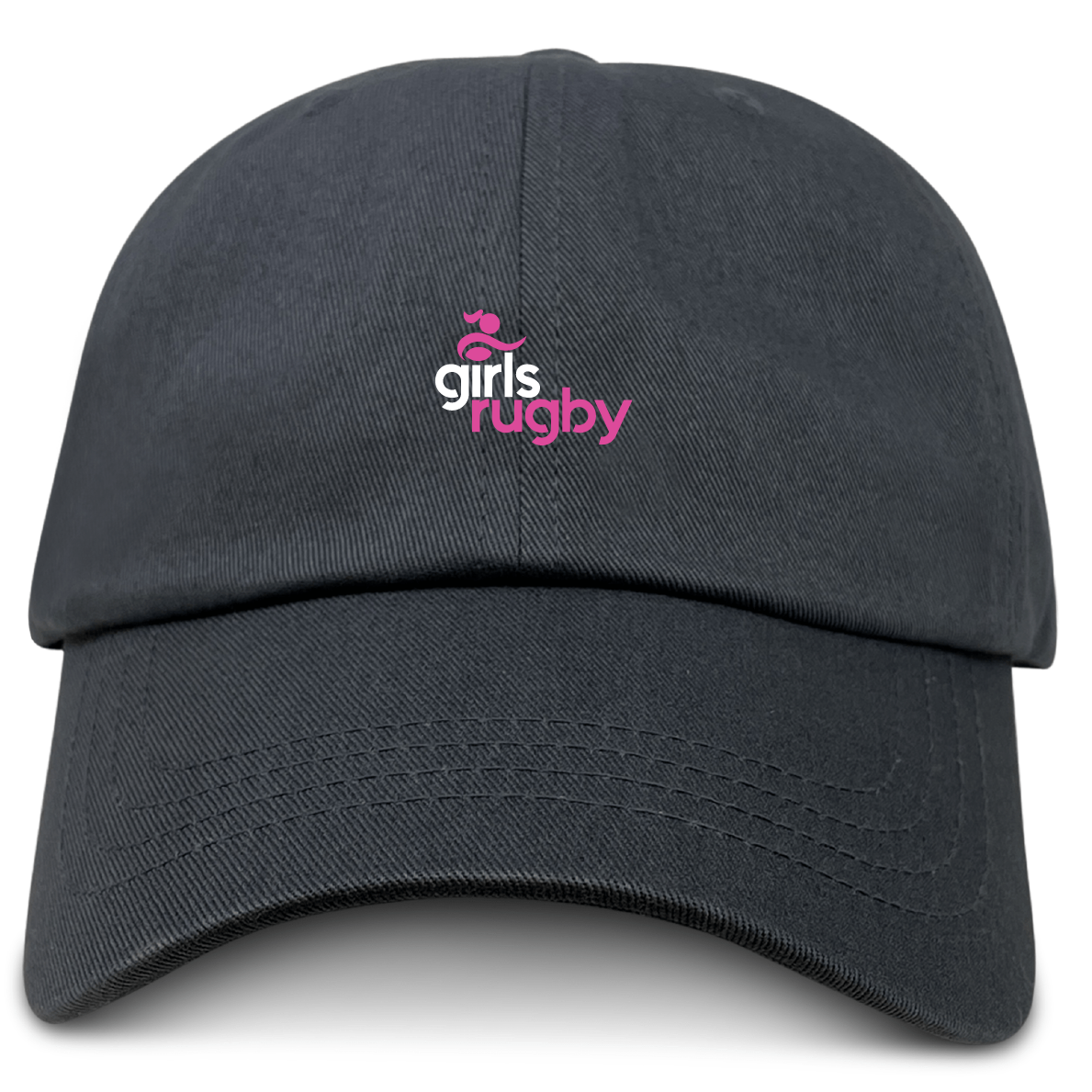 Show support with the Girls Rugby Adult Low-Profile Cotton Twill Dad Cap by EMB S&S Activewear, featuring a black design and “girls rugby” logo in pink and white on the front.