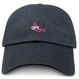 Show support with the Girls Rugby Adult Low-Profile Cotton Twill Dad Cap by EMB S&S Activewear, featuring a black design and “girls rugby” logo in pink and white on the front.
