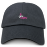Show support with the Girls Rugby Adult Low-Profile Cotton Twill Dad Cap by EMB S&S Activewear, featuring a black design and “girls rugby” logo in pink and white on the front.