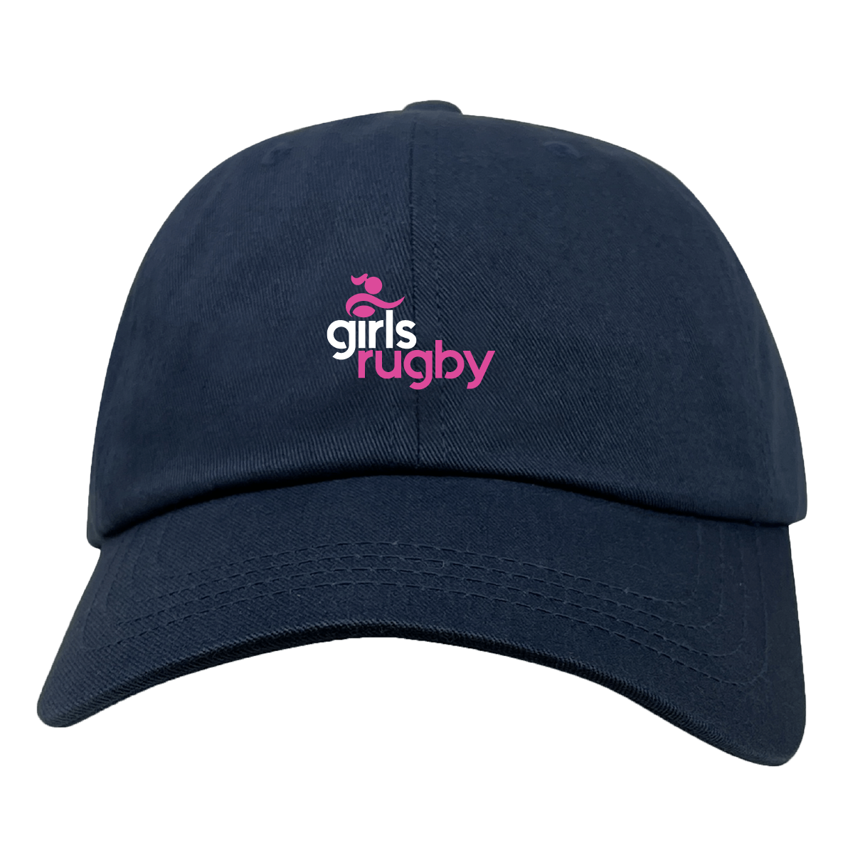 Support your team in style with the EMB S&S Activewear Girls Rugby Adult Low-Profile Cotton Twill Dad Cap, featuring a navy blue design and a pink and white "girls rugby" logo on the front.