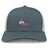 The Girls Rugby Retro Trucker Cap by EMB S&S Activewear features gray and white panels, "girls rugby" with a pink and white rugby ball logo embroidered on the front, plus a snapback closure for adjustable fit.