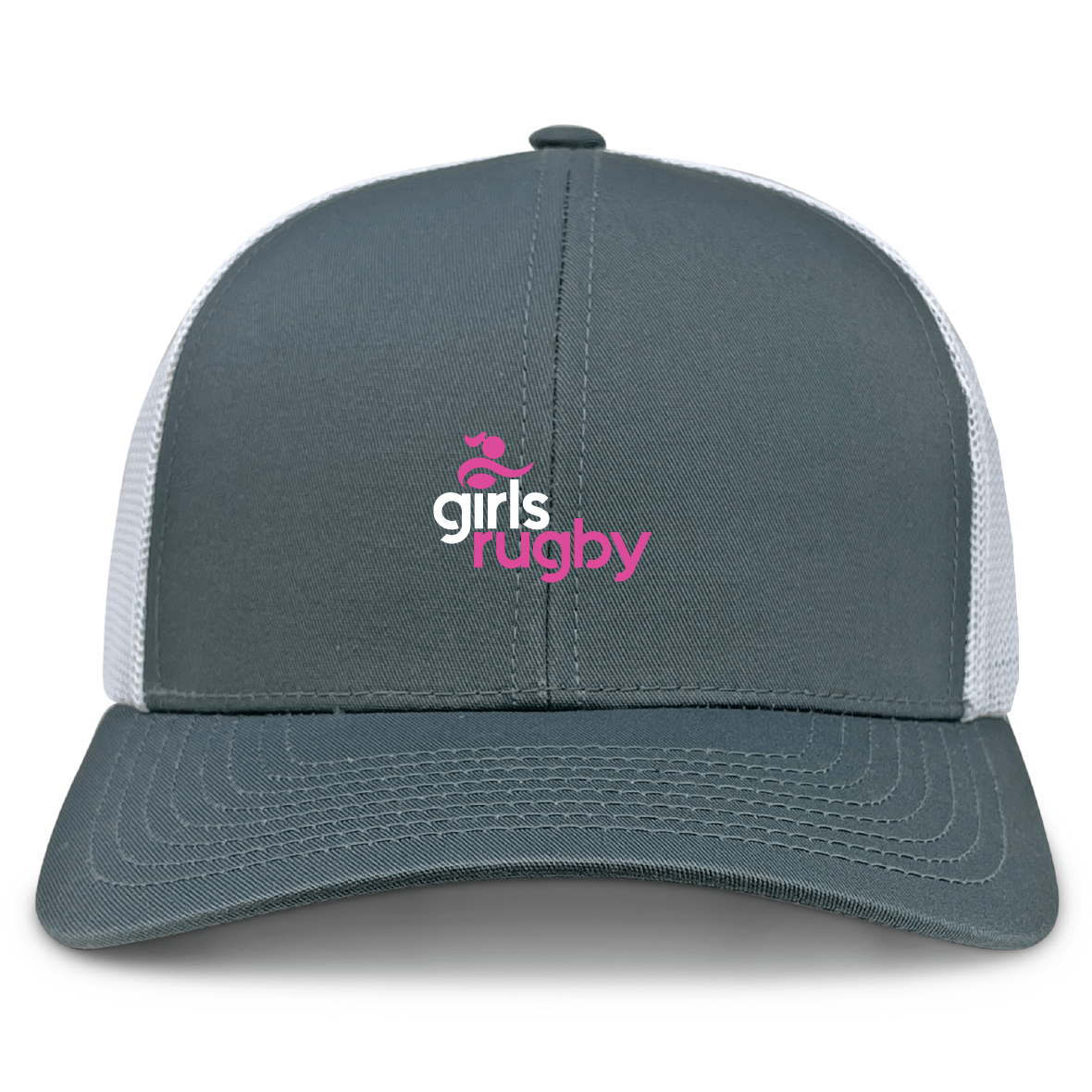 The Girls Rugby Retro Trucker Cap by EMB S&S Activewear features gray and white panels, "girls rugby" with a pink and white rugby ball logo embroidered on the front, plus a snapback closure for adjustable fit.