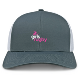 The Girls Rugby Retro Trucker Cap by EMB S&S Activewear features gray and white panels, "girls rugby" with a pink and white rugby ball logo embroidered on the front, plus a snapback closure for adjustable fit.